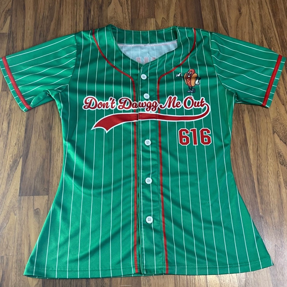 Michigan 616 Baseball Jersey Large Green Pinstripe Dont Dawg Me Out Hot Dog Mens